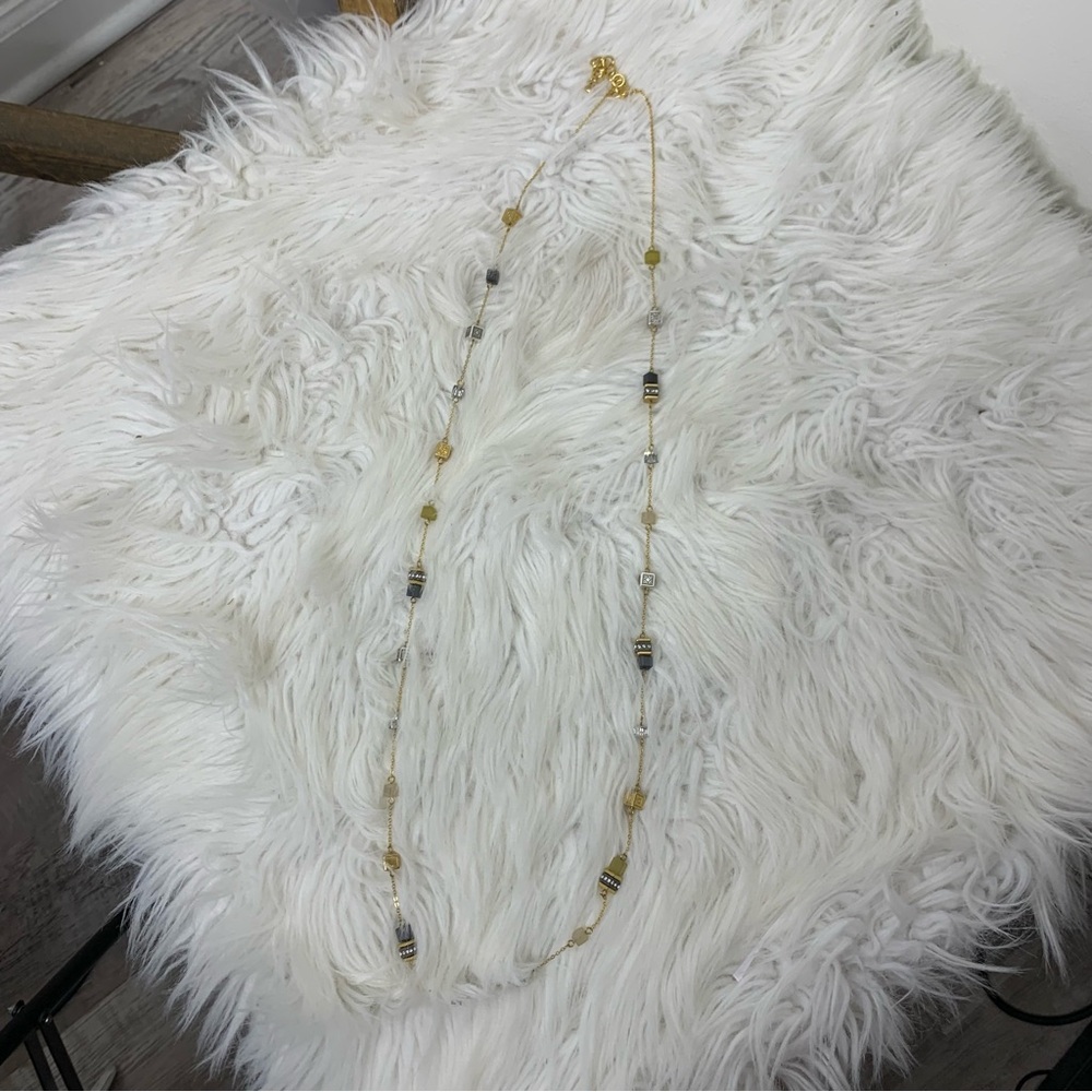 Brighton Silent Code Necklace Long Cube & Crystal On gold tone setting 40" Long